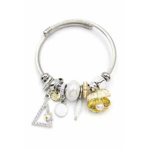 Çelik Charmlı İncili Deniz Kabuğu Bilezik - Beyaz