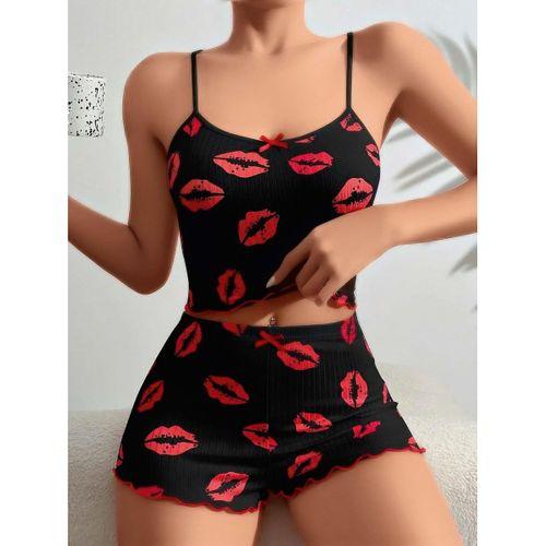 Pamuklu Kiss Öpücük Desen Siyah Fitilli Şortlu Pijama Takımı
