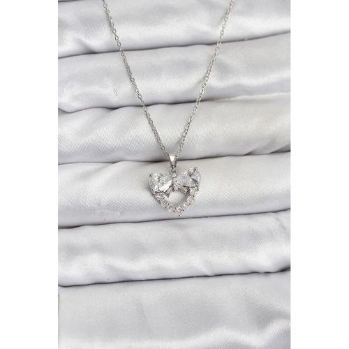 316L Çelik Zincir Gümüş Renk Kalp ve Fiyonk Model Zirkon Taşlı Kadın Kolye