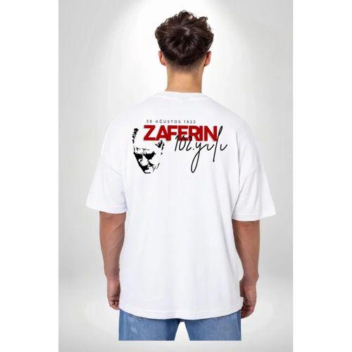 30 Ağustos Zafer Bayramı Ön Arka Baskılı Oversize Bisiklet Yaka T-shirt - Beyaz