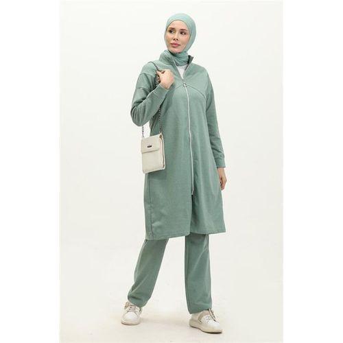 Göğüsten Detaylı Fermuarlı Sade Basic Eşofman Spor İkili Takım - 03063.100 - Çağla Yeşili