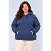 Battal Büyük Beden Üç İplik İçi Şardonlu Kapüşonlu Kanguru Cepli Kışlık Sweatshirt - Lacivert