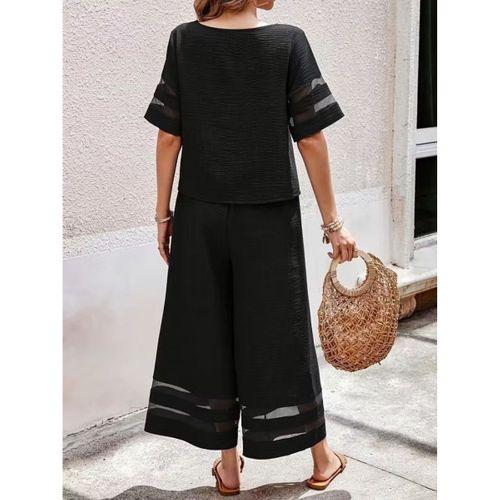 Kadın Kısa Kollu Bisiklet Yakalı Tül şerit Detaylı Bluz Ve Pantolon Ikili Takım