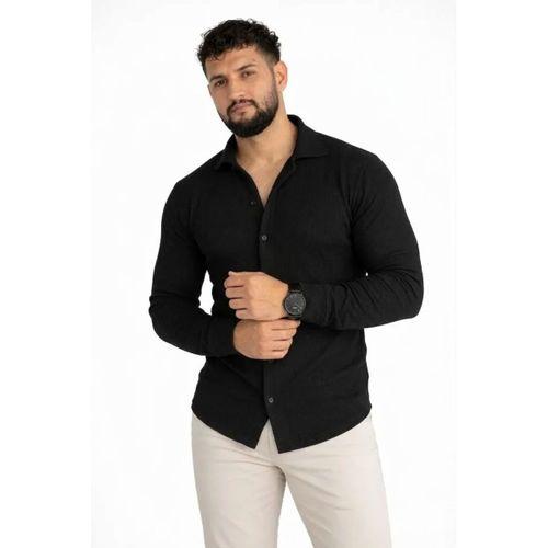Erkek Waffle Kumaş Uzun Kollu Düğmeli Açık Yaka Regular Fit Gömlek - Siyah