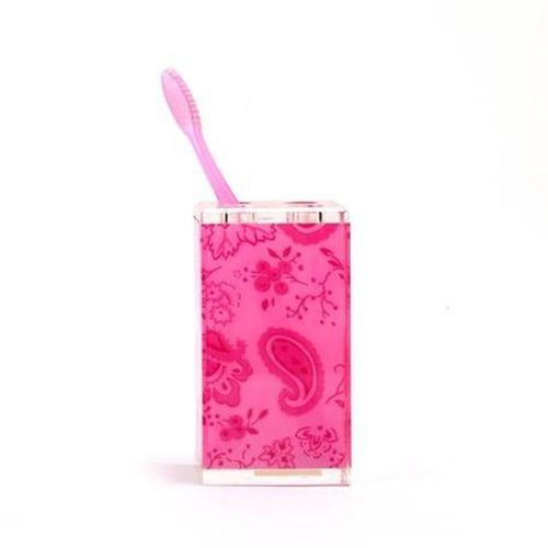 2 Adet Diş Fırçalık Pembe Çiçekli Akrilik 6X6X12Cm Banyo Seti