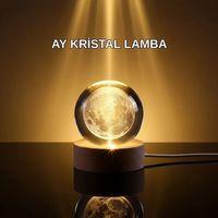 3d Lazer İşlemeli Ay Küresi Ahşap Standlı Usb Bağlantılı Dekoratif Lamba