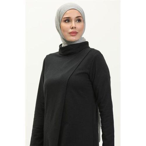 Kruvaze Balıkçı Yaka Sade Basic Uzun Tunik Panolon İkili Takım - 03043.003 - Siyah