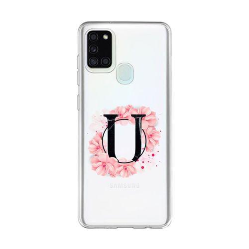 Samsung A21s Pembe Çiçek Desen U Harfli Şeffaf Kılıf