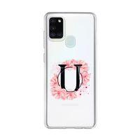 Samsung A21s Pembe Çiçek Desen U Harfli Şeffaf Kılıf