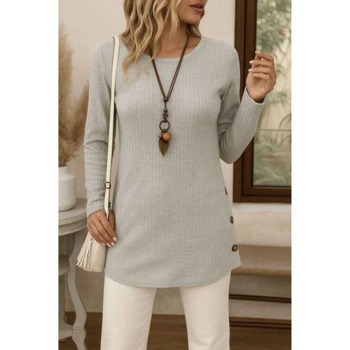 Kadın Uzun Kollu Yuvarlak Yaka Yandan Yırtmaçlı Düğmeli şardonlu Kaşkorse Bluz