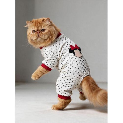 Polka Dot Rouge Minny Kedi Tulumu | Siyah Beyaz Puantiyeli Penye Kedi Pijaması