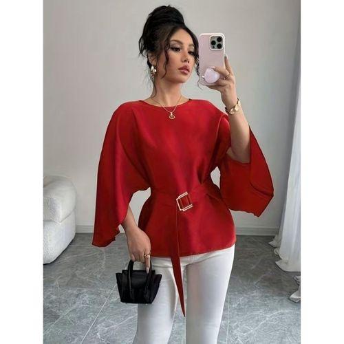Kadın Uzun Kollu Yuvarlak Yakalı Yarasa Kollu Belden Kuşaklı Atlas Bluz
