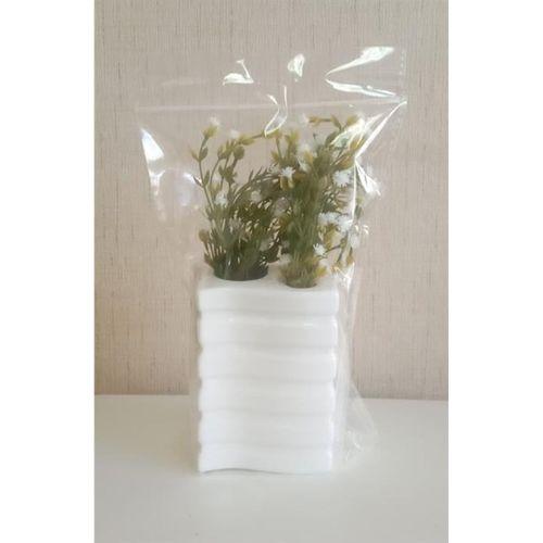 2 Adet Vazo Dahil,Vazoda Çiçek,Beyaz Yapay Çiçek,Vazo Dekoratif Kare Çizgili 8X6X16Cm