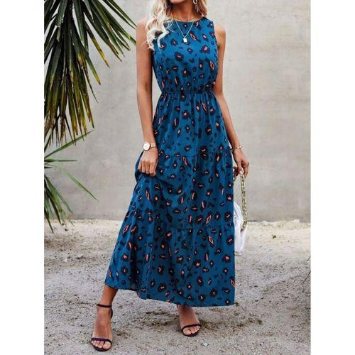 Kadın Kolsuz Bisiklet Yaka Beli Lastikli Desenli Süprem Elbise