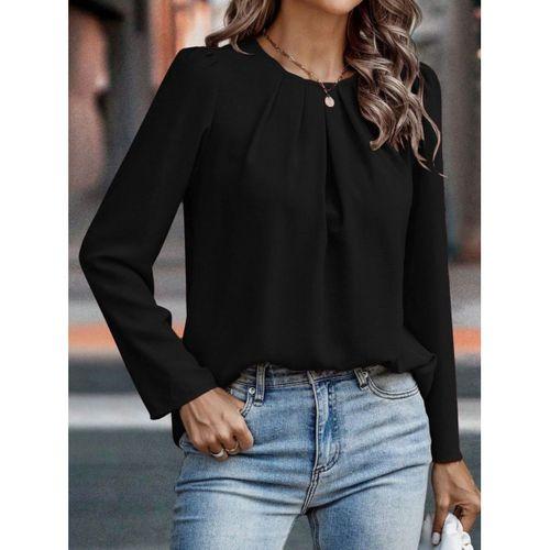 Kadın Uzun Kollu Yuvarlak önden Pileli Ithal Krep Bluz