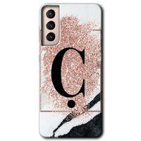 Galaxy S21 Kılıf HD Desen Baskılı Arka Kapak - Pembe Mermer Desenli Ç Harfi + Kırılmaz Cam