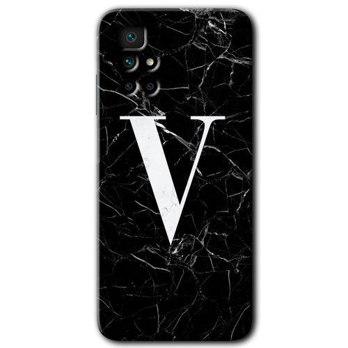 Redmi 10 Kılıf HD Desen Baskılı Arka Kapak - Siyah Mermer Desenli V Harfi + Kırılmaz Cam
