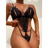 Fiyonklu Dantelli Siyah Fantezi Body