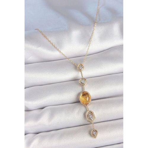 Pirinç Zincir Kehribar Sarı Gold Renk Zirkon Taşlı Y Kolye