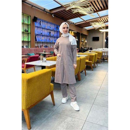 Önden İki Cepli Sade Basic Uzun Tunik Pantolon İkili Spor Takımı - 03067.016 - Vizon