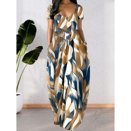 Kadın Kısa Kollu Yuvarlak Yaka Cepli Salaş Baskılı Süprem Elbise