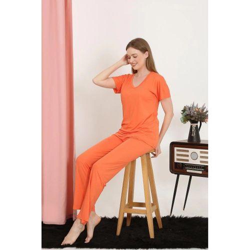 Kadın Kısa Kol Pamuk Penye Pijama Takım Turuncu