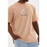 Unisex Baskılı Oversize T-Shirt - Bej
