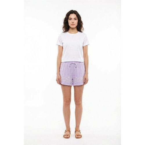 Beli Lastikli Cunda Çift Cepli Yazlık Nakışlı Müslin Mini Şort Lila Lila