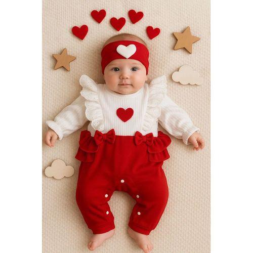 Kalp Desenli Fırfır Detaylı % 100 Pamuk Kız Bebek Tulumu
