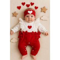 Kalp Desenli Fırfır Detaylı % 100 Pamuk Kız Bebek Tulumu