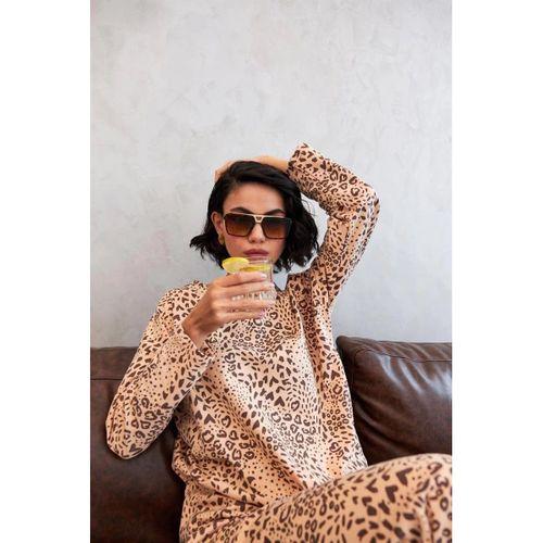 Kadın Oversize Bej Leopar Desenli Pamuklu Kalın Pijama Takımı