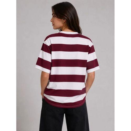 Çizgili Oversize Tişört Bisiklet Yaka Kısa Kol Yazlık T-Shirt - Bordo