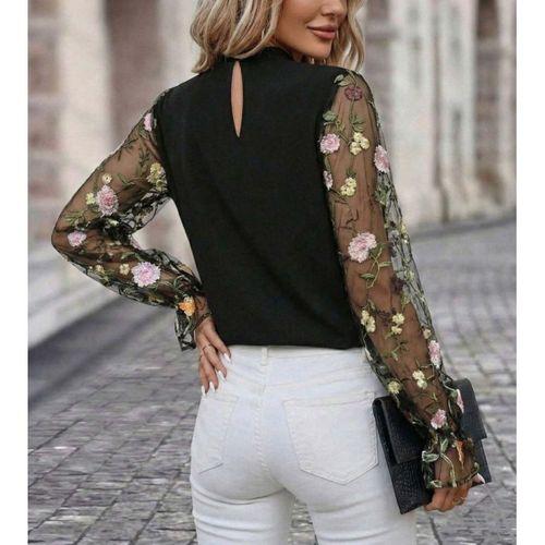 Kadın Uzun Kollu Yarı Balıkçı Yaka Tül Detaylı Ithal Krep Bluz