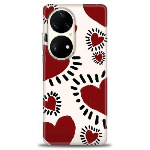 Huawei P50 Pro Kılıf HD Baskılı Kılıf - Çizgili Kalp + Tam Ekran Koruyucu
