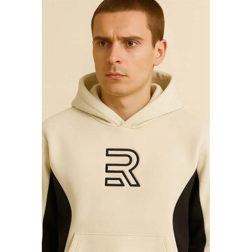 Frank Parçalı Kontrast Desenli Kapüşonlu Oversize Cepli Polar Erkek Sweatshirt - Ekru