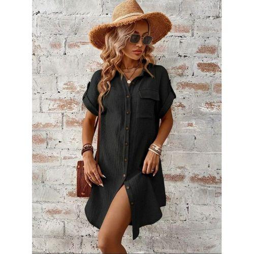 Kadın Kısa Kollu Yakalı önden Düğmeli Bürümcük Kısa Elbise