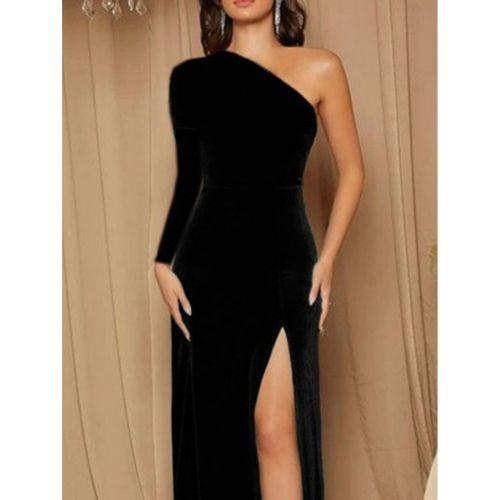 Kadın Uzun Kollu Yırtmaçlı önü Pile Detay Kadife Elbise