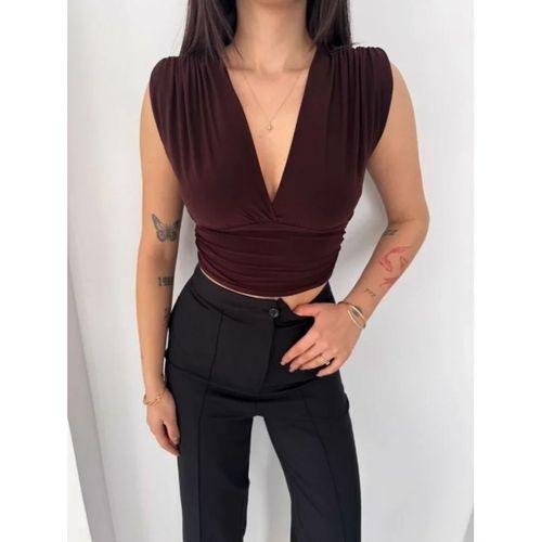 Vatkalı Kolsuz V Yaka Drapeli Crop Bluz Likralı Fit - Kahverengi