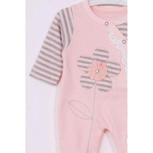 Çiçek Nakışlı % 100 Pamuk Ayaklı Kız Bebek Tulumu