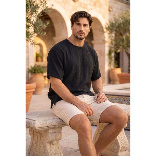 Godard Relax Fit %100 Pamuk Müslin Kumaş Duble Kol Bisiklet Yaka Erkek T-Shirt - Siyah