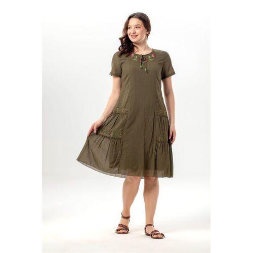 Kısa Kol Aynur Bisiklet Yaka Cepli Yazlık Vual Kısa Elbise Haki Hk