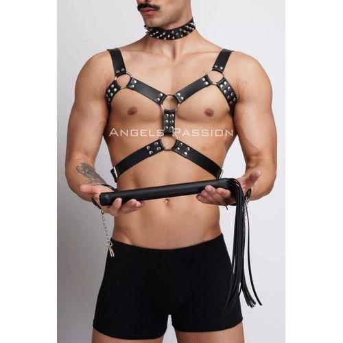 Kırbaç Ve Çivili Choker Detaylı Erkek  Fantazi Giyim, Deri Erkek  Harness Takım - Brfm102