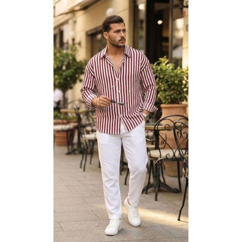 Erkek Dikey Çizgili Yarım Oversize Gömlek