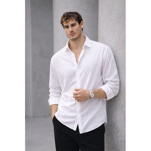 Scott – Soft Dokulu Yarım Oversize Modern Keten Görünümlü Erkek Gömlek - Beyaz