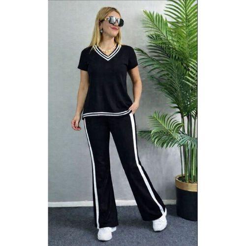 Kadın Kısa Kollu V Yakalı Viskon Iki Iplik Bluz Ve Pantolon Ikili Takım