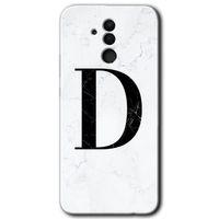 MRCİLETİSİM Huawei Mate 20 Lite Kılıf Baskılı Kapak - Beyaz Mermer Desenli D Harfi +Tam Kaplayan Mat Seramik