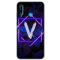 Huawei P30 Lite Kılıf Baskılı Kapak - Dark Neon Yaprak V Harfi +Tam Kaplayan Mat Seramik