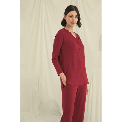 Uzun Kollu Düğmeli V Yaka Pijama Takımı