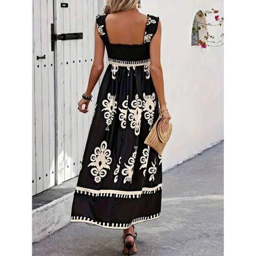 Kadın Askılı Kare Yaka Gipe Detaylı Desenli Suprem Elbise