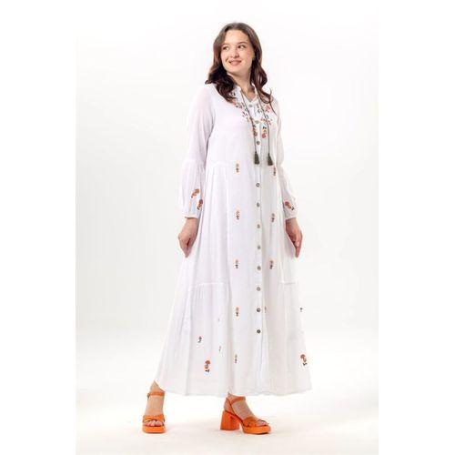 Uzun Kol Ala Nakışlı Püskül Bağcıklı Hakim Yaka Yazlık Şile Bezi Uzun Elbise Beyaz Byz